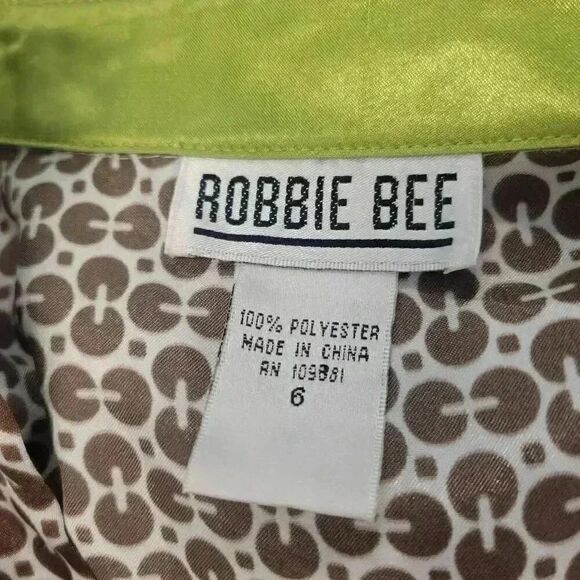 Robbie Bee Women's White/Brown/Lime Green Poly Satin A-Line Short Sleeve Button - Picture 10 of 12